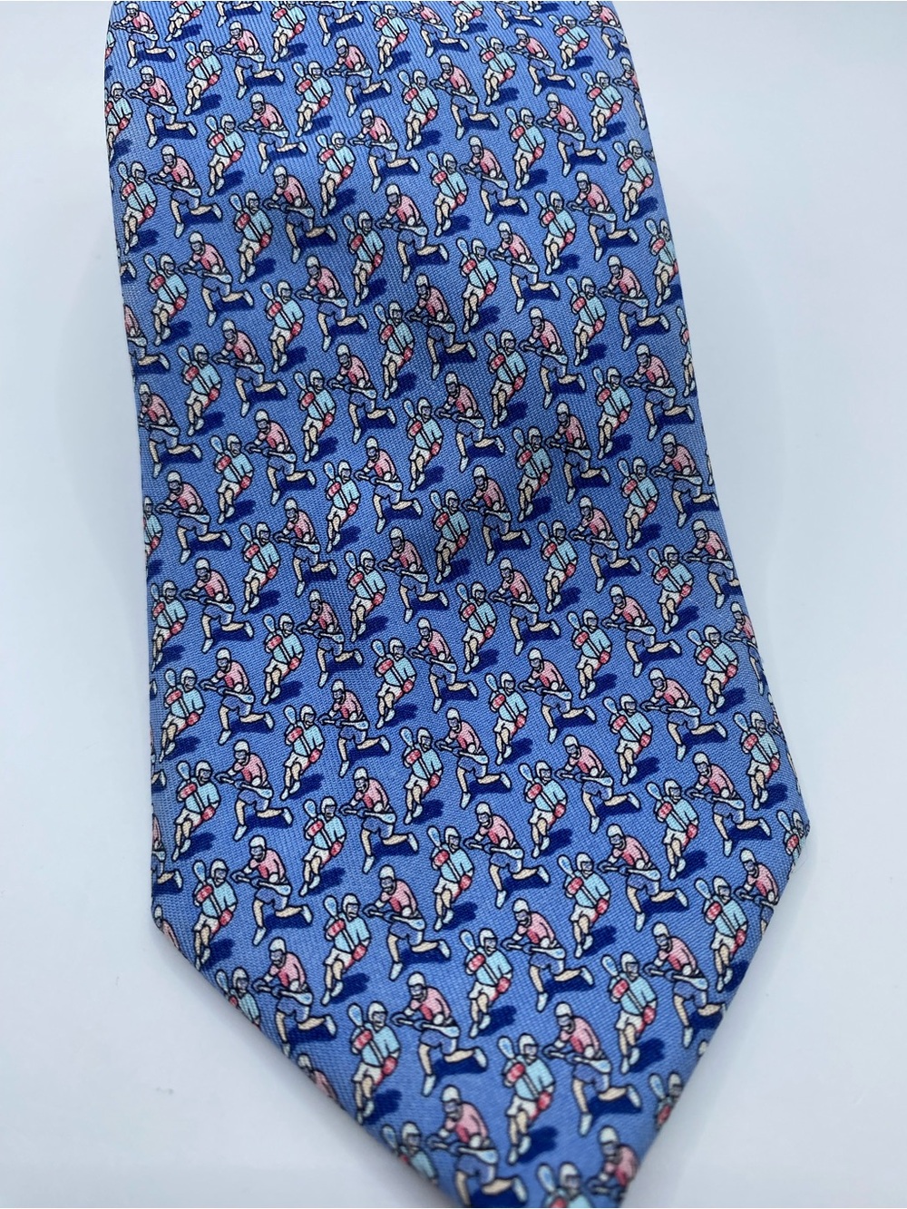Vineyard Vines Blue Silk Tie with Pink & White Varsity Player Motif